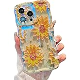 XIZYO Case for iPhone 15 Pro, Colorful Retro Oil Painting Flower Cute Floral Aesthetic Curly Wave Frame Laser Glossy Reflective Exquisite Stylish Protective Cover Women Girls-Sunflower/Green