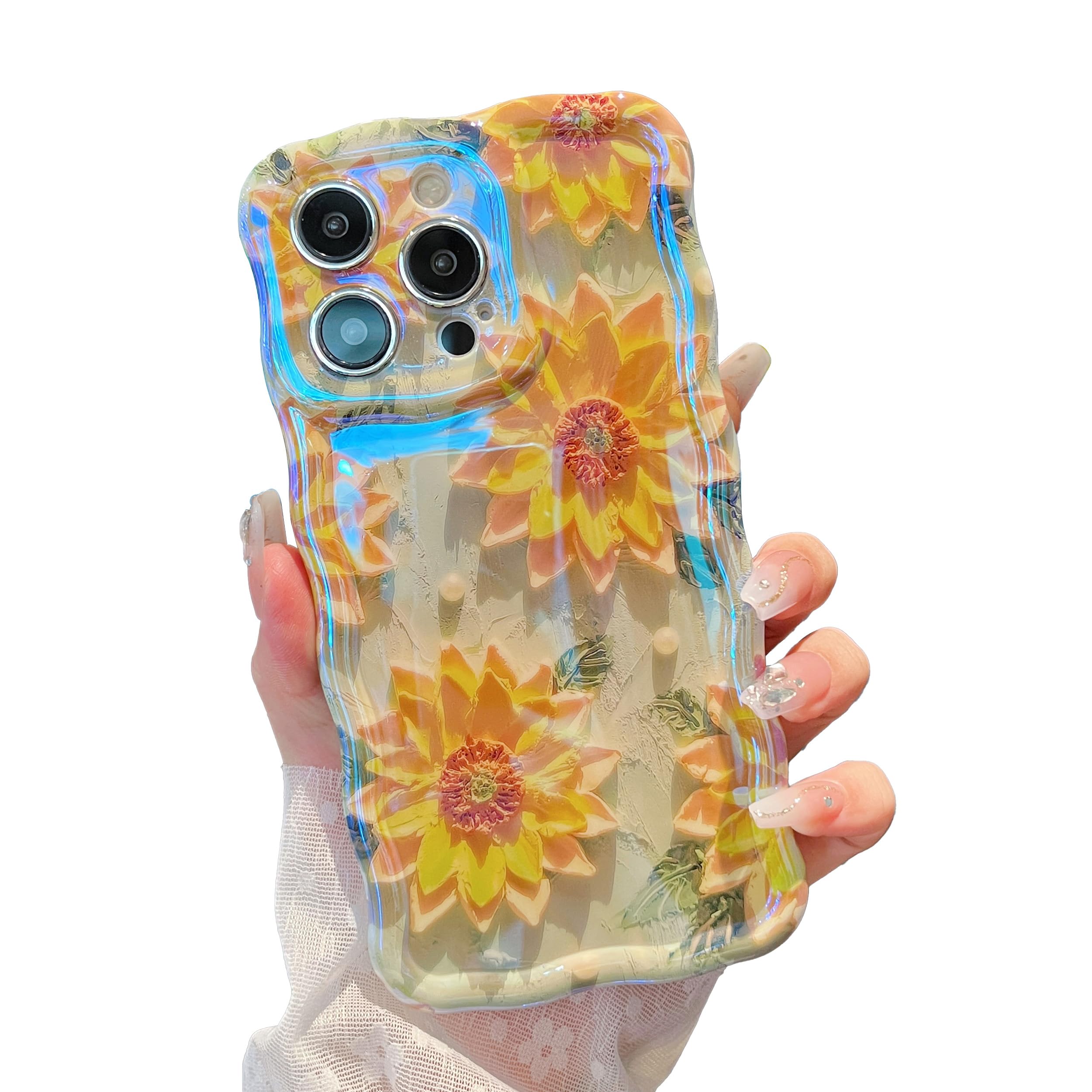 XIZYO Colorful Retro Oil Painting Flower Case for iPhone 14 Pro Max, Curly Wave Frame Laser Glossy Cute Floral Aesthetic Phone Case, Girls Women Slim Soft TPU Shockproof Cover, Sunflower/Green — image 1