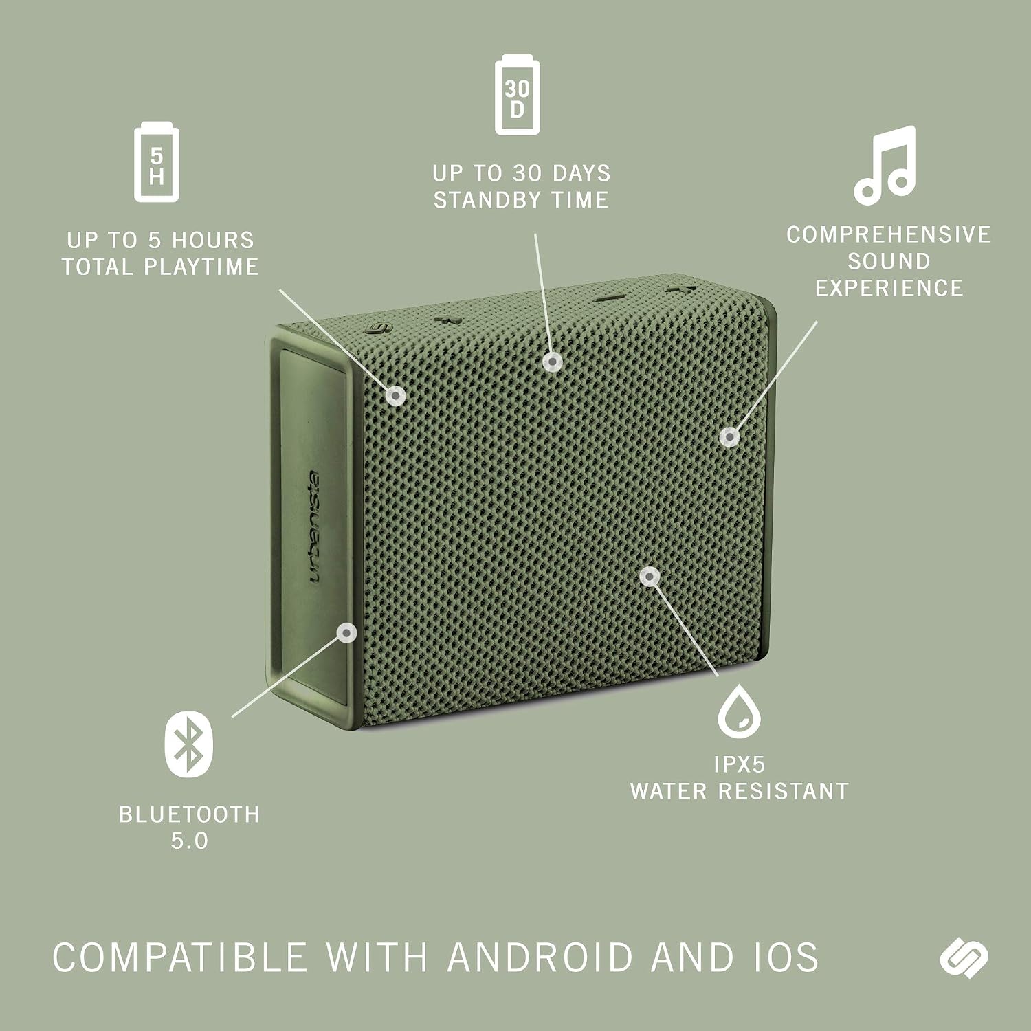Urbanista Sydney Wireless Mini Speaker Bluetooth 5.0, 5-Hour Play Time, Splash-Proof - Green, Olive Green - Image 4