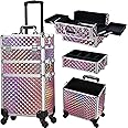 FRENESSA 3 in 1 Rolling Makeup Train Case Portable Cosmetic Trolley Large Storage for Professional with 360° Swivel Wheels Salon Barber Case Traveling Cart Trunk - Glitter Pink