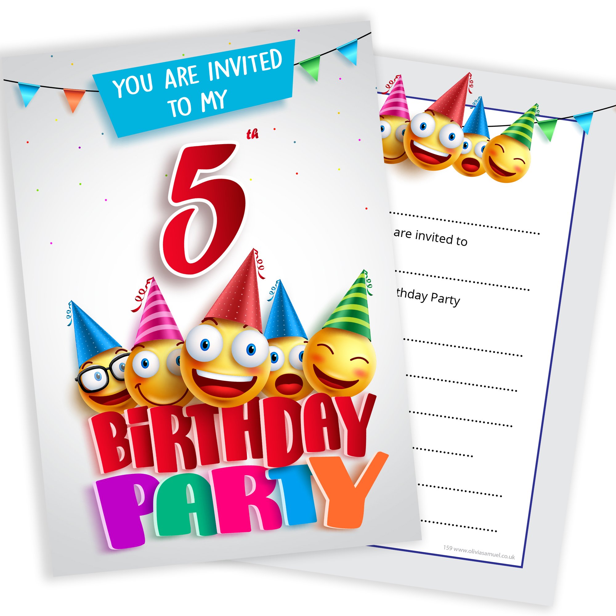 Olivia Samuel 20 x 5th Birthday Party Invites from Cartoon Style - Ready to Write with Envelopes