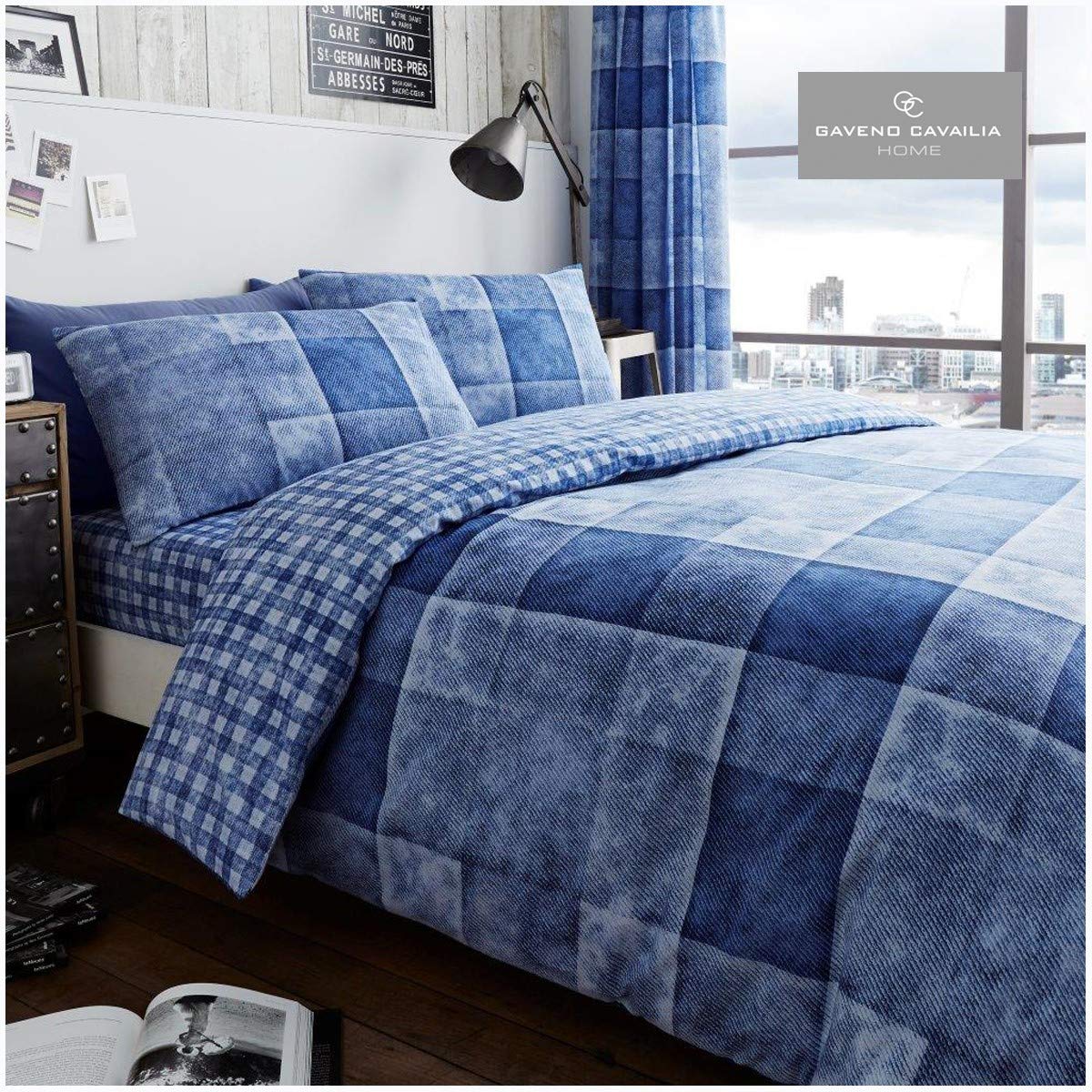 GC GAVENO CAVAILIA Gaveno Cavailia Denim Check King Duvet Set Blue Reversible Easy Care Cotton Blend 3 Piece Bedding | 1 Quilt Cover + 2 Pillow Cases | Button Closure | Machine Washable