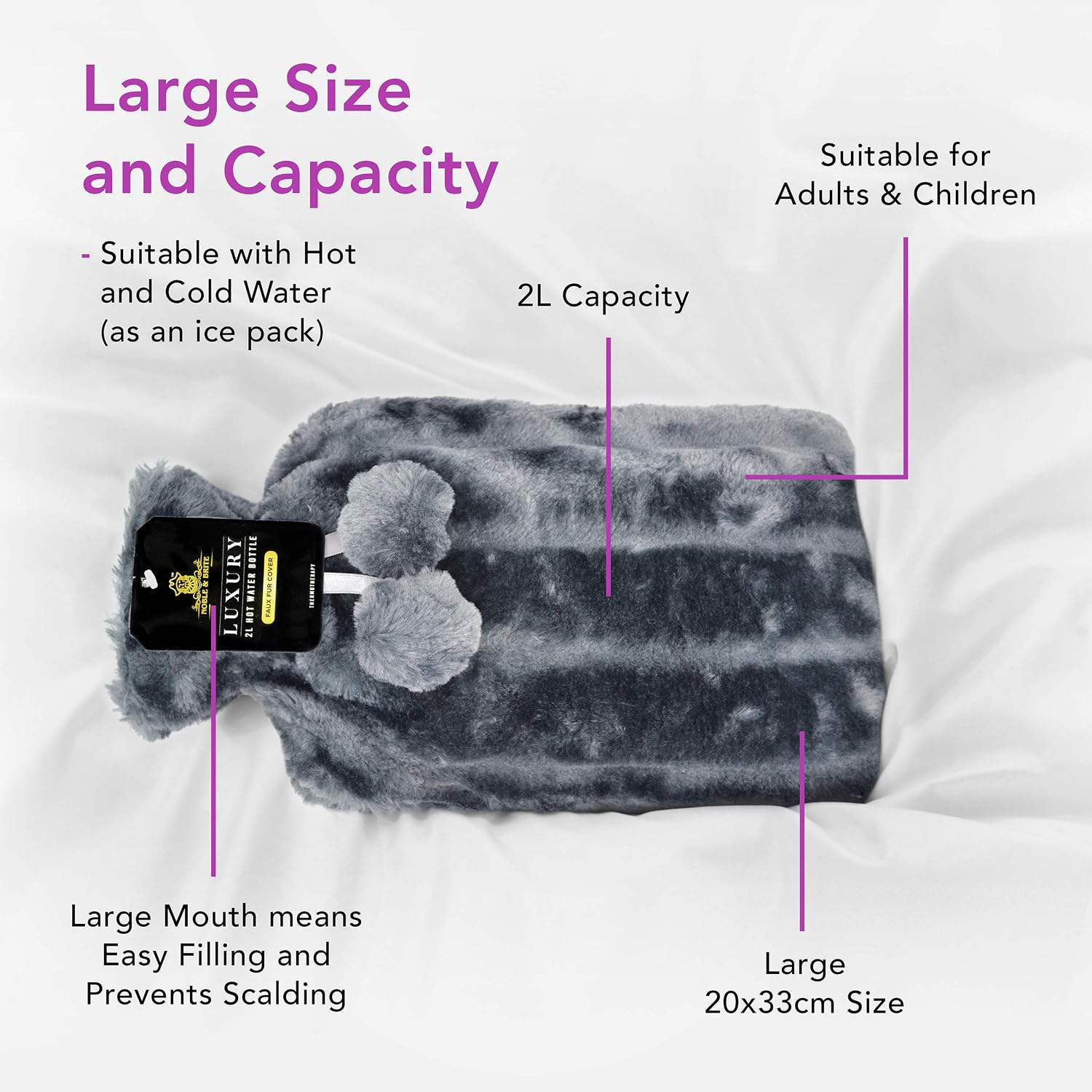 Hot Water Bottle with Cover Fluffy Super Soft Faux Fur Large 2 Litre (Silver) - Image 4