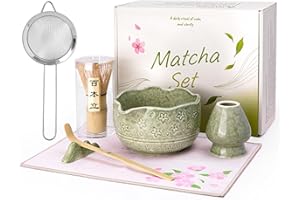ALBISS Matcha Whisk Set - 7 Pcs Ceramic Matcha Kit with 18oz Spout Bowl & Cherry Blossom Design, Bamboo Whisk & Holder, Scoop, Rest, Sifter, Towel, Elegant Japanese Tea Gift Set for Macha Lover, Green