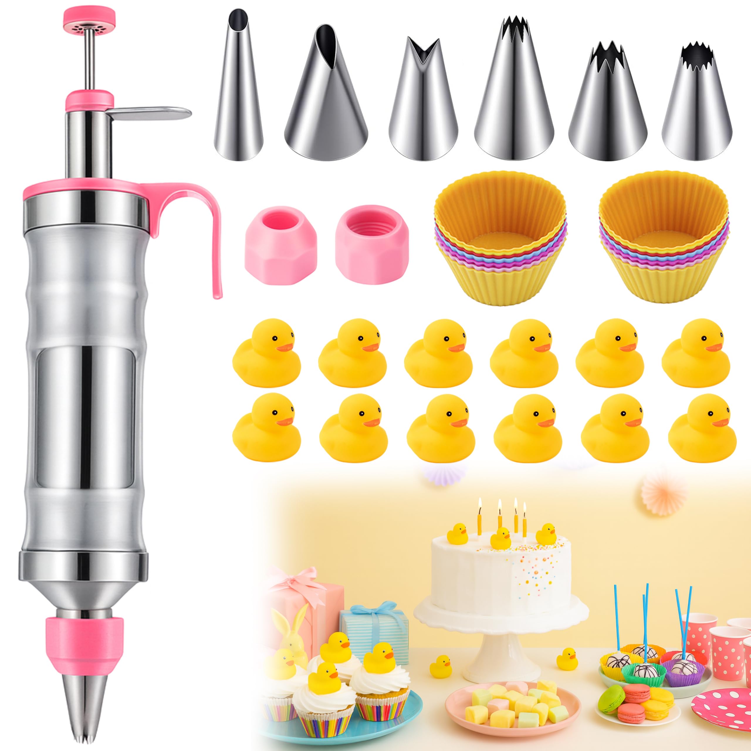 Photo 1 of Dessert Decorating Syringe Set, 6 Precision Stainless Steel Nozzles + 12 Silicone Baking Cups + 12 Duck cake Decorating, Effortless Frosting, Cookie & Cupcake Designs in Seconds (Pink)