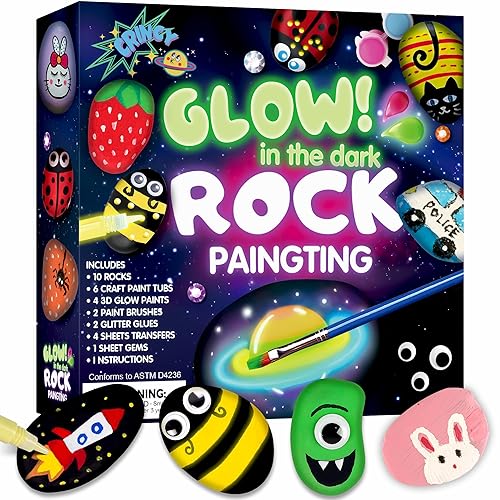 Rock Painting Kit for Kids Ages 6-12, Glow in The Dark Rock Paint, Arts and Crafts Birthday Party Gifts for Boys Girls 6 7 8 9 10 12 Year Old, Creative Craft Activity Kits, Art & Crafts Supplies Toys