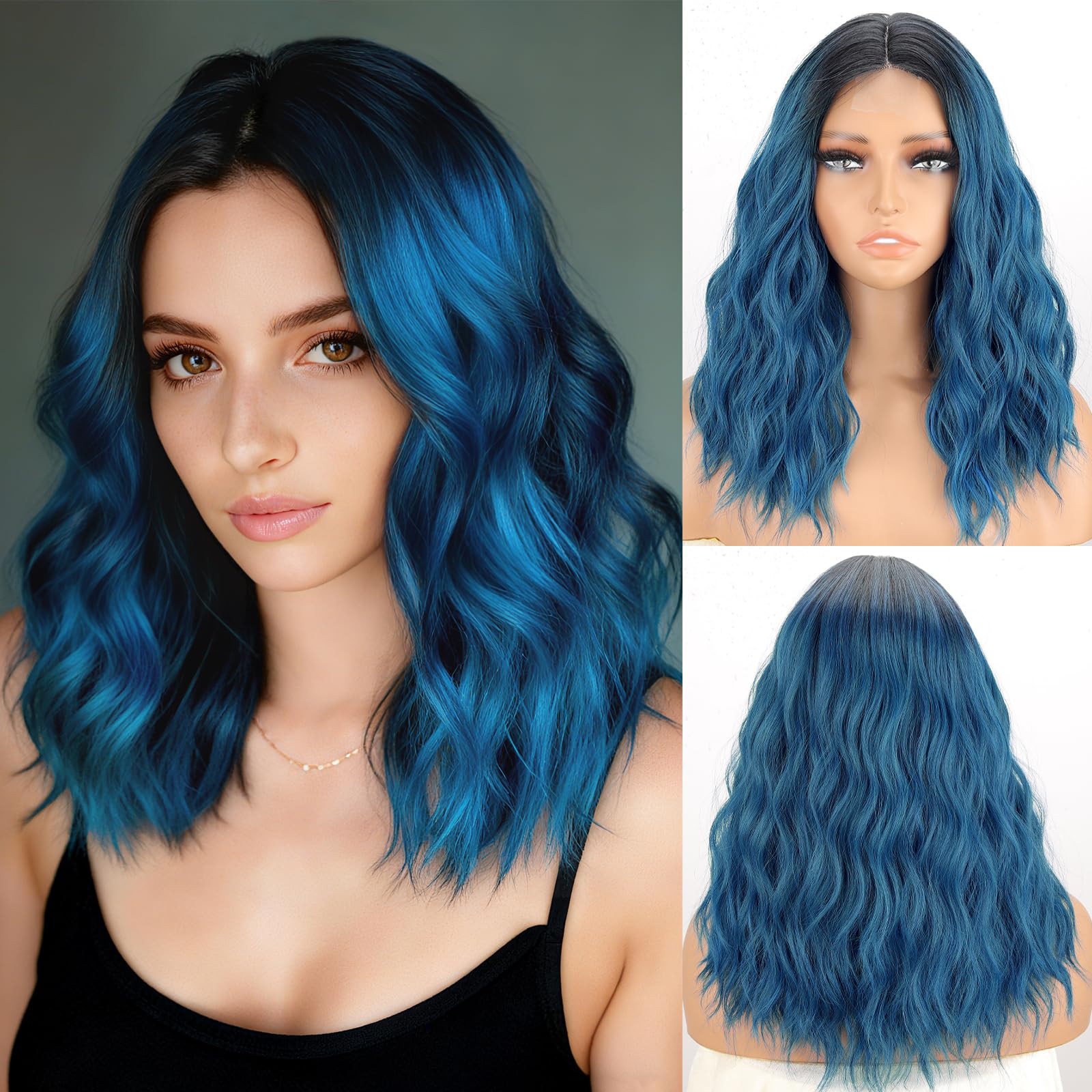Photo 1 of MISSQUEEN Ombre Dark Blue Wavy Wig for Women Lace Hairline Short Bob Style Synthetic Heat-resistant Natural Realistic Wig for Everyday Hairstyle Cosplay Party Halloween Use-18inch