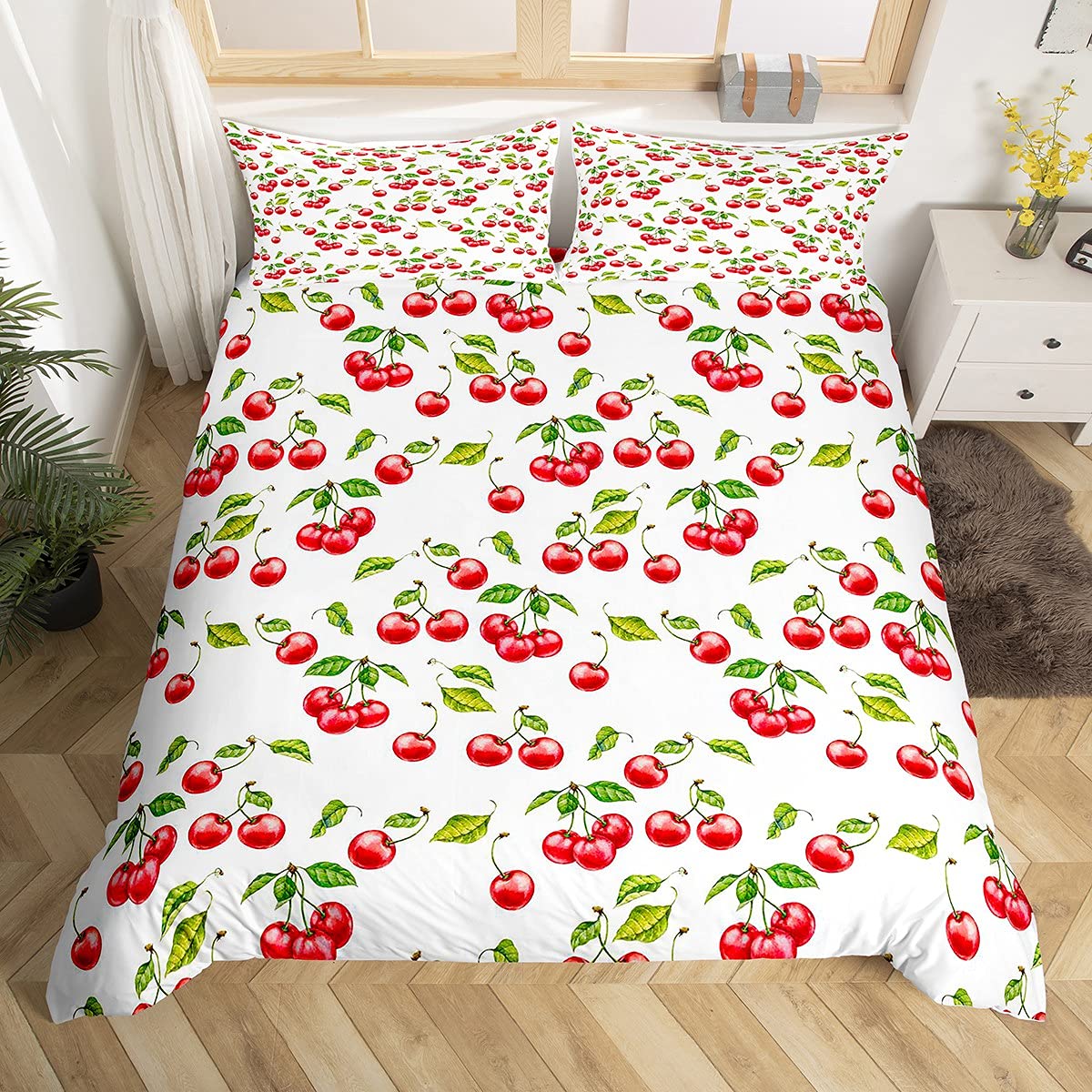 Homemissing Cute Cherries Duvet Cover Red Cherry Bedding Set for Kids Boys Girls Teens Fruit Comforter Cover Green Leaf Branches Bedding & Linen Natural 3Pcs Zipper Double Size