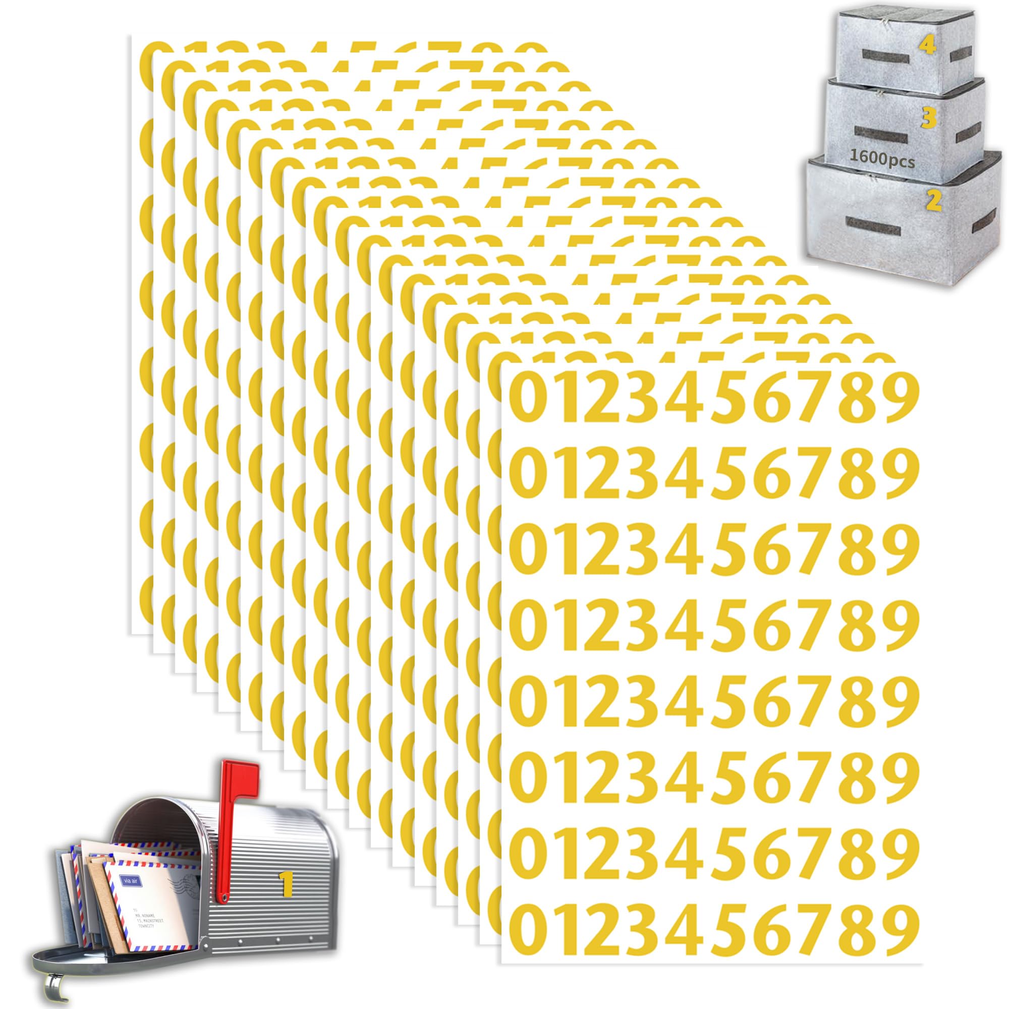 Photo 1 of 20 Sheets Total 1600 Pcs Gold Water Resistant Vinyl Number Stickers 1 Inch, Self-Adhesive Vinyl Numbers 0-9, Number Labels for Mailbox, Address, Trash Bins, Signs, Office, Home Use