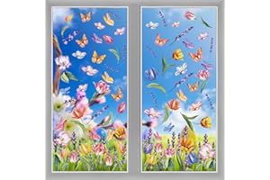 FINGOOO 8 Sheets Tulip Window Clings, 71 Pcs Spring Window Stickers Butterfly Flower Easter Cling for Home Party Shop Office Glass Decor