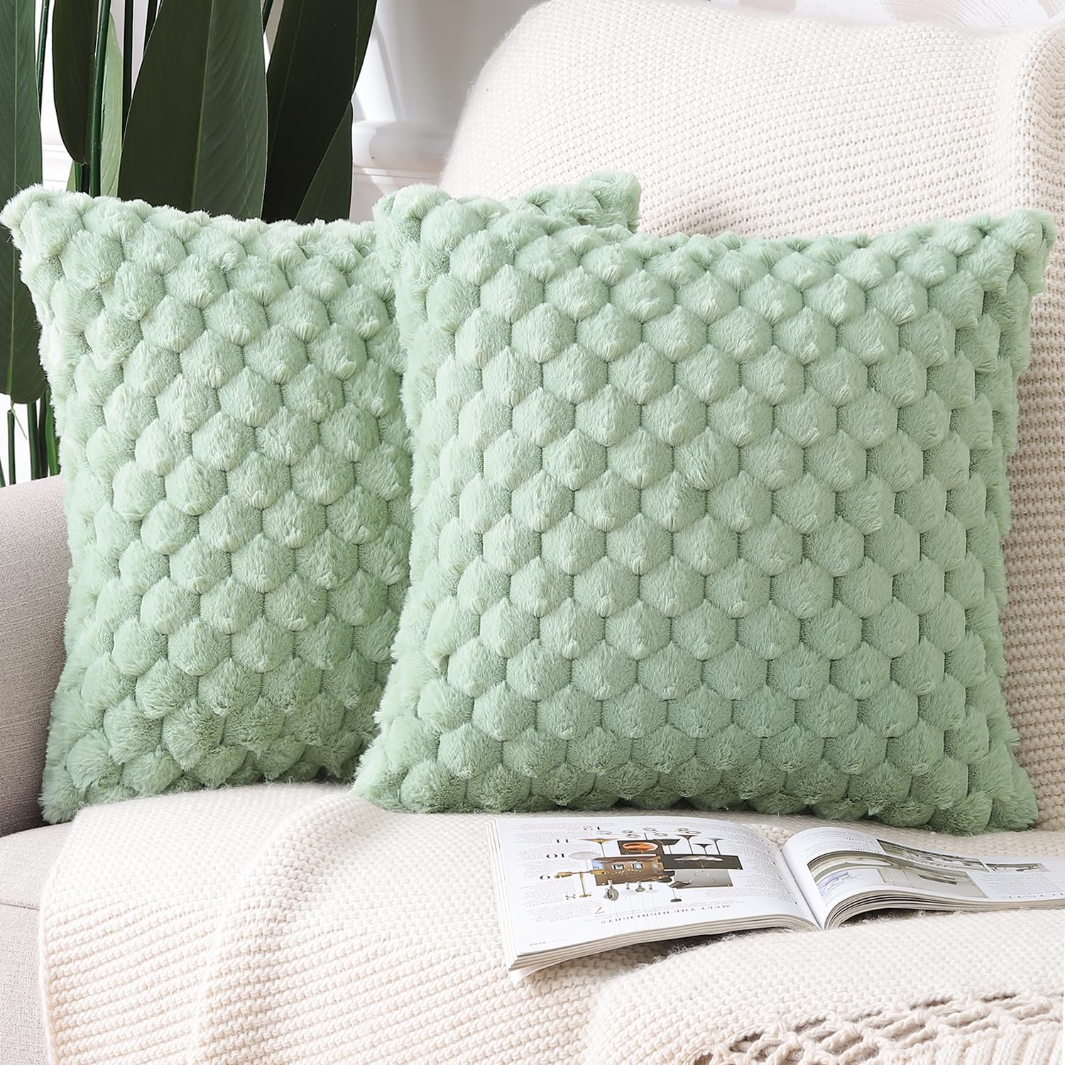 Madizz Faux Wool Sage Green Cushion Covers 18x18 inch, 45x45 cm, Set of 2 Super Soft Boho Throw Pillow Covers Decorative Textured Pillowcases for Sofa Bedroom