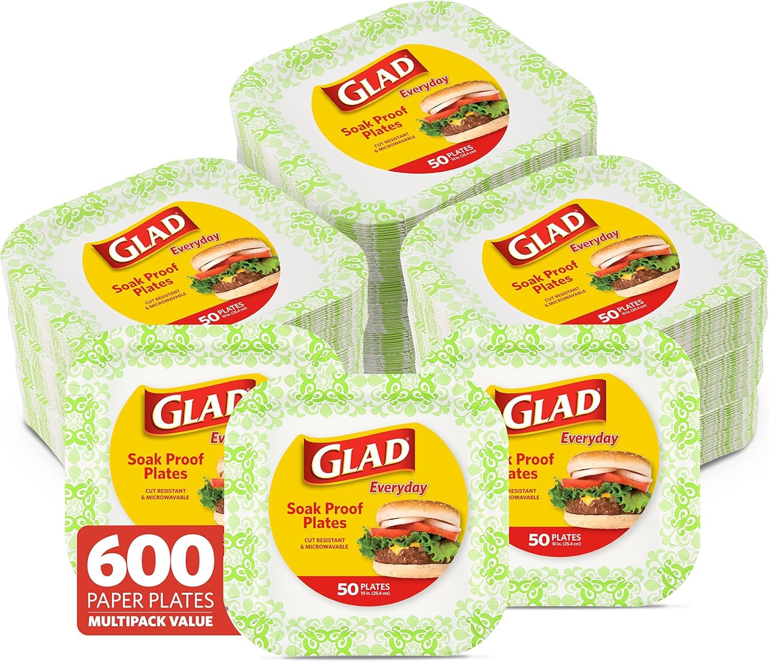 Glad Square Disposable Paper Plates, Green Victorian Pattern - Strong, Sturdy, Soak Proof, and Microwavable Decorative Plates for Dinner and Everyday Use, 10 Inch, 50 Count - 12 Pack Image