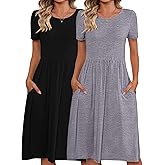 Riyiper 2 Pack Women Short Sleeve Dresses, Loose Fit Casual T Shirt Dress, Ladies Knee Length Swing Dress with Pockets