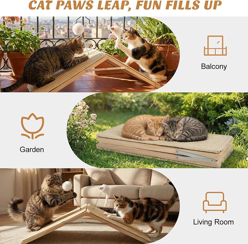 Griffoir Chat, Rampe á Griffer en Sisal pour Chat, Planche á Griffer Pliable en Bois avec 2 Jouets en Peluche À Ressort, Rampe Triangle pour Chatons Protection Meubles, Tapis Anti-Dérapant