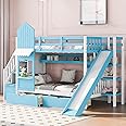 SIYSNKSI Twin-Over-Twin Castle Style Bunk Bed with 2 Drawers and 3 Shelves, Wooden Bunk Bed Frame and Storage Staircase