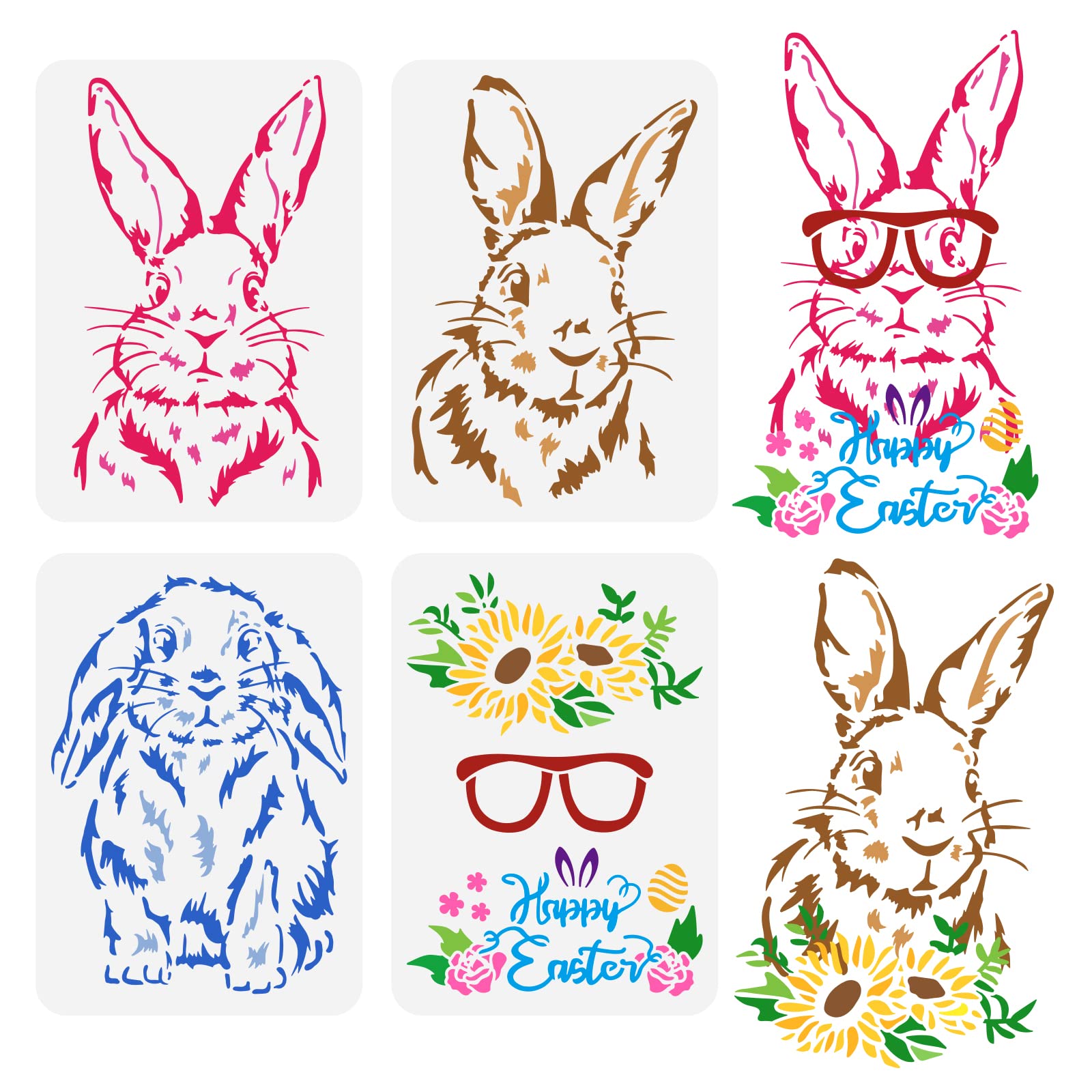 FINGERINSPIRE 4PCS Rabbit Painting Stencils 29.7x21cm Happy Easter Decoration Plastic Long-Eared Bunny Stencil Sunflower Leaves Glasses Easter Egg Art Craft Stencil for Wall Tiles Home Decor