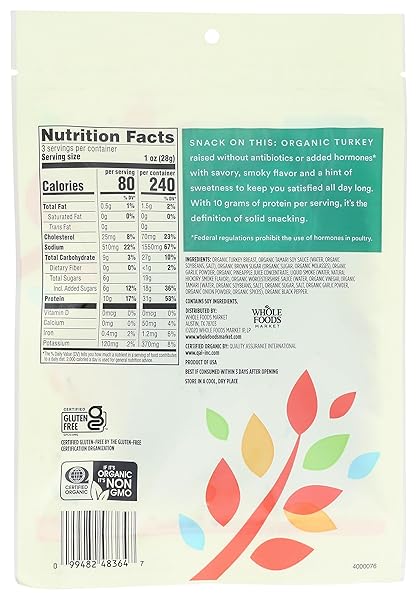 365 BY WHOLE FOODS MARKET, ORGANIC PEPPERED TURKEY JERKY, 3 OZ