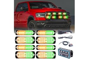 PKINGLAKE 8pcs Sync Feature Emergency Strobe Grille Lights LED Ultra Slim Surface Mount Flashing Hazard Warning Light Bar with Controller for Firefighter/Construction/Trucks/Vehicles/Car (Amber/Green)
