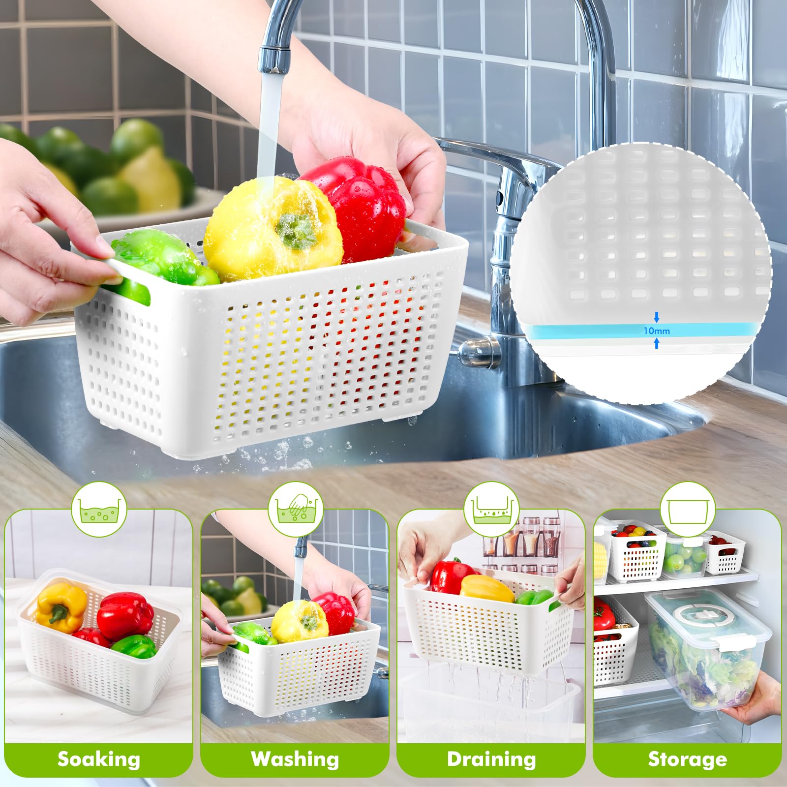 Luxear 3 Set Frischhaltedosen mit Deckel Abtropfgitter, 4L+1,7L+0,5L Kühlschrank Vorratsdosen Set, BPA Frei Frischhalteboxen mit Griff Luftablassventil, für Gemüse Obst Salat Spülmaschinenfest 6