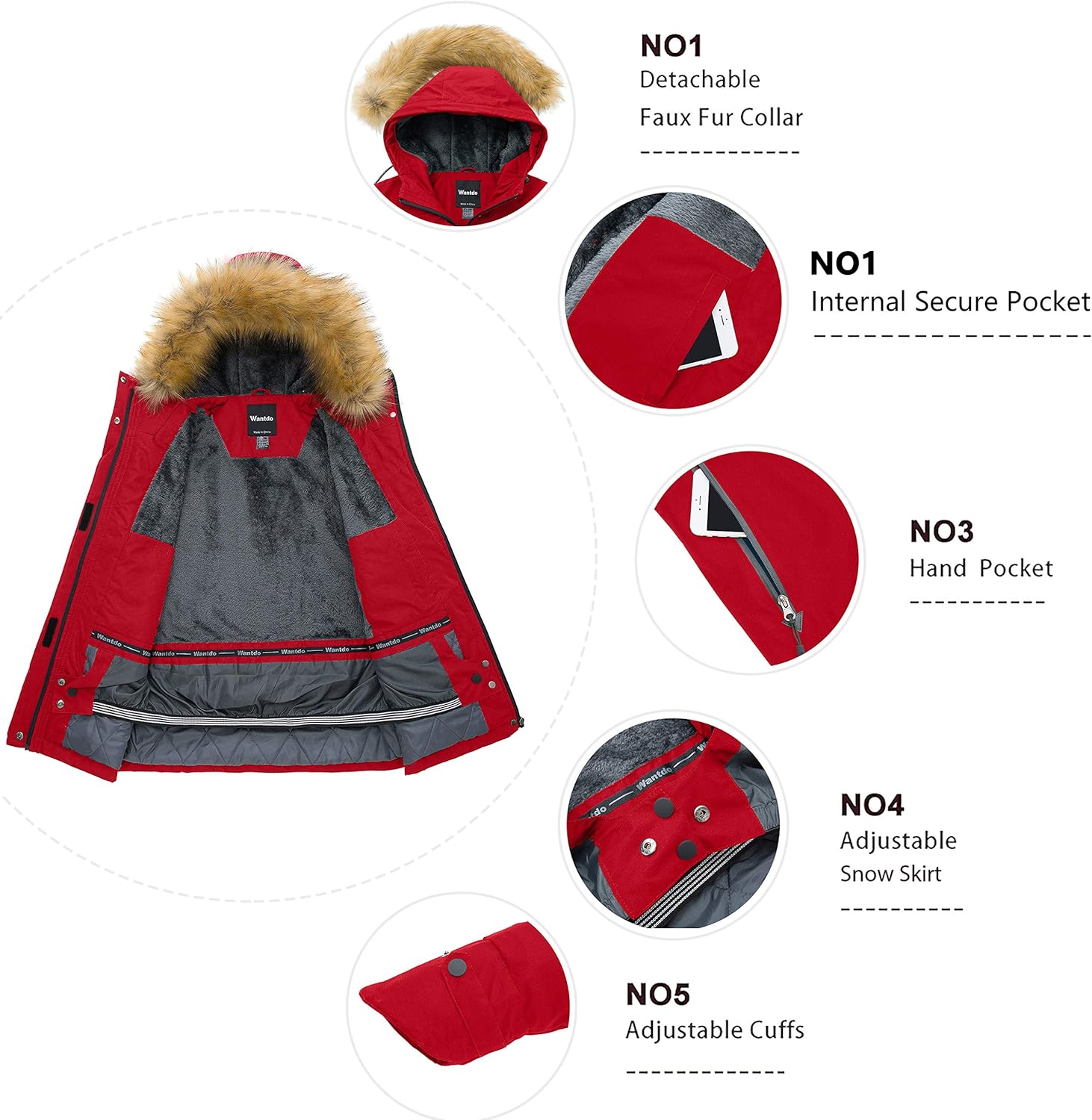 Wantdo Women's Waterproof Ski Jacket Hooded Winter Snow Coat Mountain Snowboarding Jackets Insulated Fleece Parka: Clothing