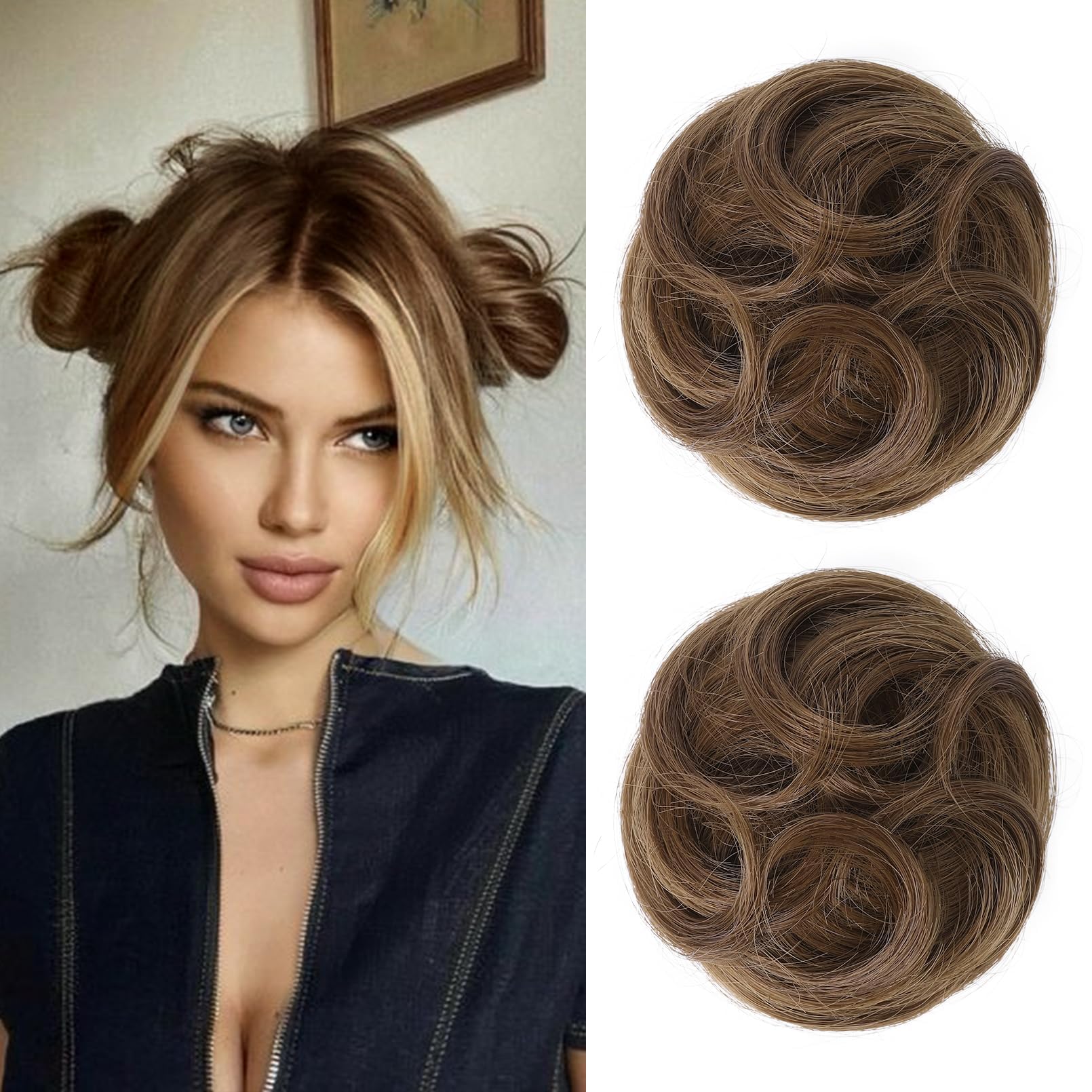 REECHO 2 PCS Mini Claw Clip in Messy & Cat Ears Hair Bun Extensions Wig Accessory Updo Hairpieces for Women Girls (Pack of 2-3.5" Wavy, Light Chocolate Brown)