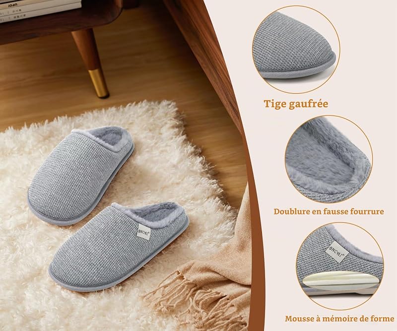 Pantoufles Femme Dessus en Motif Waffle de Shake Polaire de Fausse Fourrure 2026 Hiver Chaussons Mousse à Mémoire Coussinée Semelle Antidérapante en Caoutchouc Peluche Gris Taille 36 — photo 6 sur 7