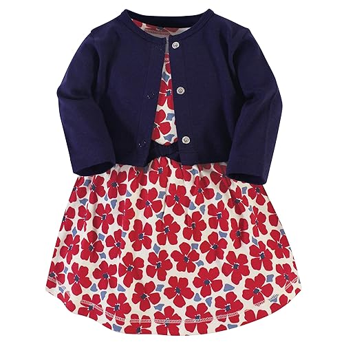 Touched by Nature Baby Girls' Organic Cotton Dress and Cardigan, Red Flowers, 0-3 Months