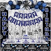 Blue and Black Birthday Decorations for Men Women Boys, Happy Birthday Decorations Banner Balloons Tablecover Fringe Curtain Door Banner Blue Silver, Mens Boy Bday Party Decoration Supplies Decor