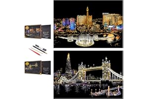 Scratch Painting Rainbow Paper by BOTEEN, Sketch DIY Art Craft City Series Night View Creative Gift, Scratchboard for Adults and Kids ,Craft Kits with 4 Tools,16''x11' (Las Vegas,Tower Bridge)