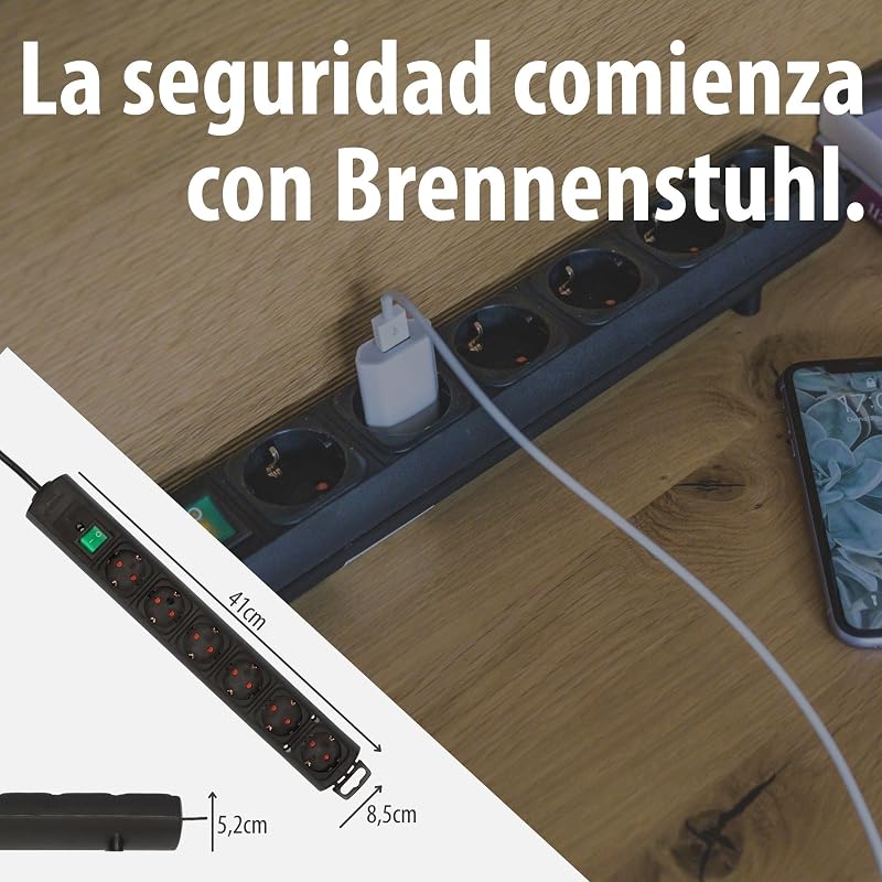 Comfort Line regleta de enchufes con 6 Tomas de Corriente para Montaje (Cable de 2 m, Interruptor Iluminado, montable, Enchufe Plano) Negro