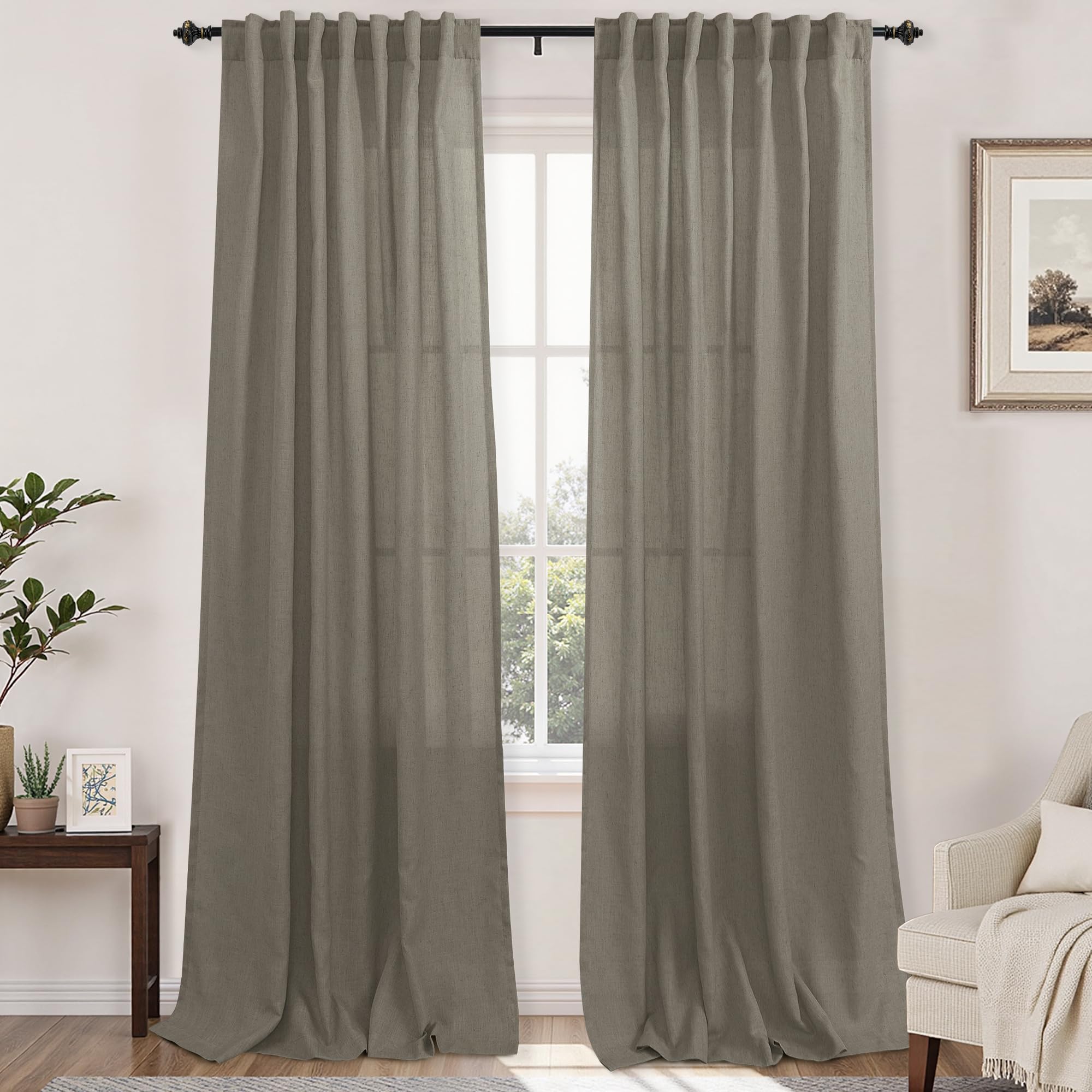 Photo 1 of KOUFALL Extra Long 108 Inch Curtains Drapes for Farmhouse Living Room,Linen Sheer Wide Curtain Set for Large Window 2 Panels,52 Inch Width by Size 108 Length,Taupe