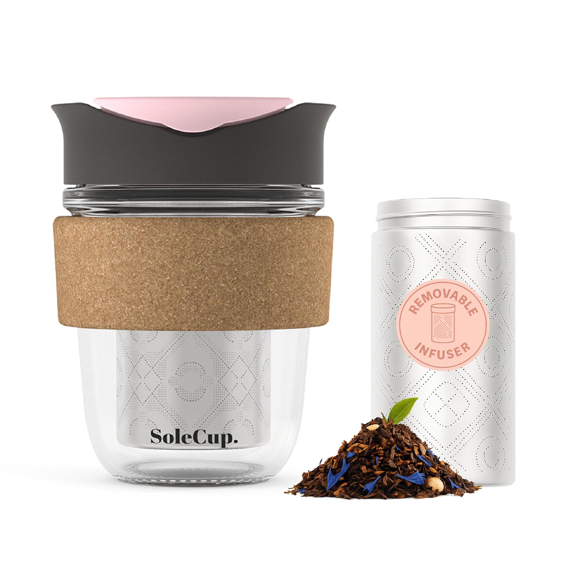SoleCup. Travel Mug Loose Tea Infuser - Detachable Tea Strainer with Spillproof Lid - BPA-Free Reusable Glass Travel Coffee Cup with Cork Band (Grey and Pink, 340ml / 12oz)