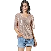 Women’s Sequin Tops Glitter V Neck Loose Summer Shirt Half Sleeve Sparkly Disco Party Plus Size Tunic Blouses