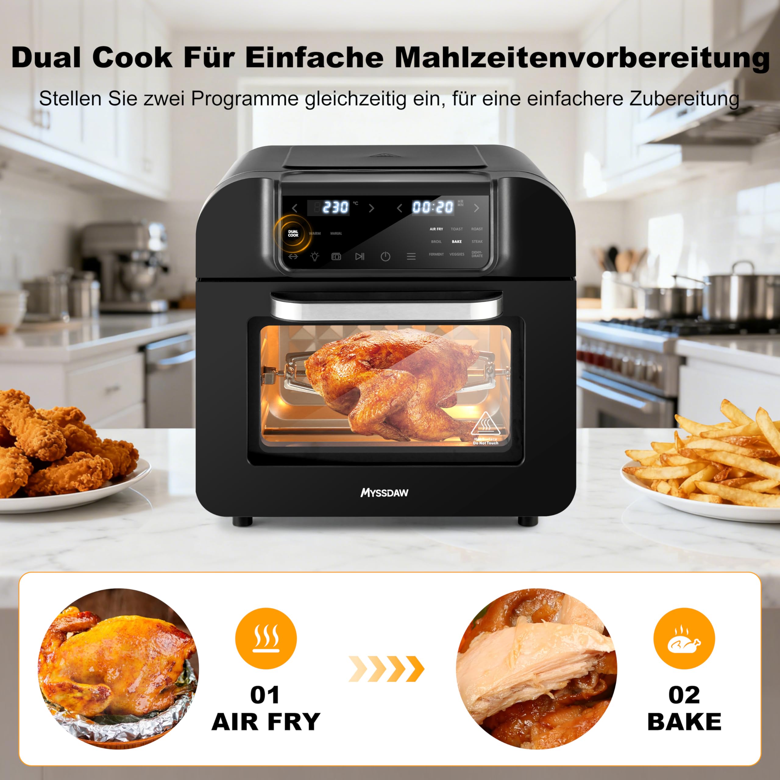 16L Heißluftfritteuse XXL mit Rotisserie Große Kapazität Bis zu 230°C 9 smarte Kochfunktionen Air Fry Roast Grill Bake Dehydrate & Mehr Einfache Digitale Steuerung Tischofen 7