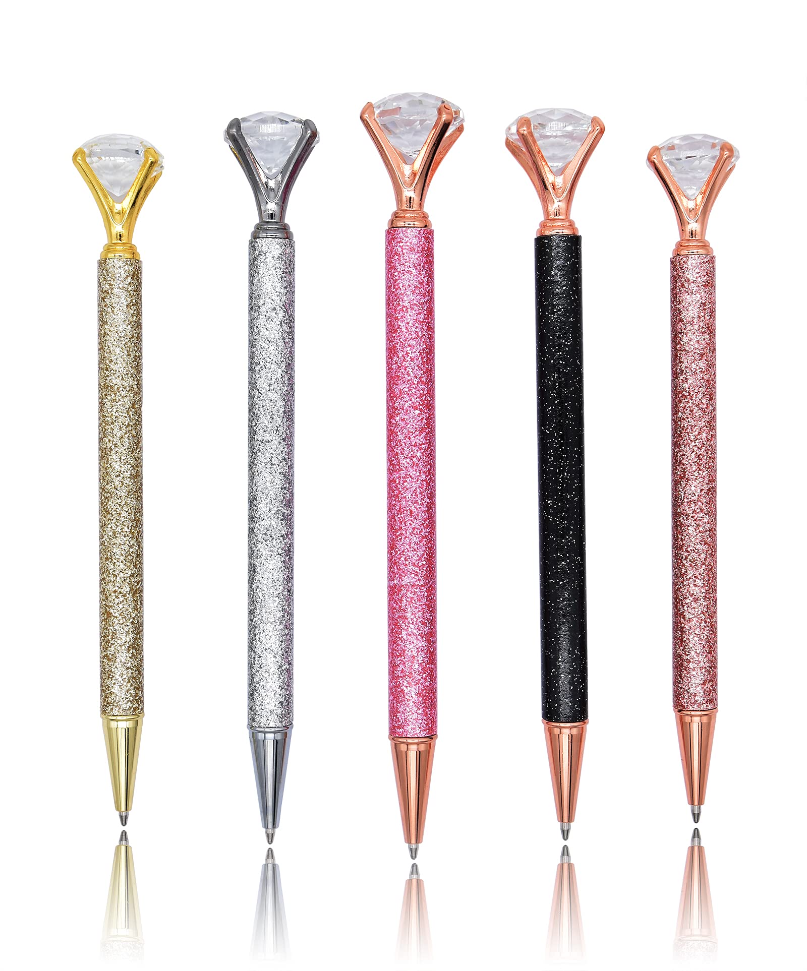 Gullor 5 Pack Diamond Metal Glitter Black Ink Ballpoint Pen with Medium Point for School Business Office, Style A