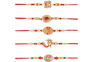 TrendBell Set of 5 Rakhi for Brother & Sister Om Rakhi | Raksha bandhan Designer Rakhi Bracelet for Brother Kundan Rakhi for Bhaiya Rakhi with Greeting Card & Roli Chawal