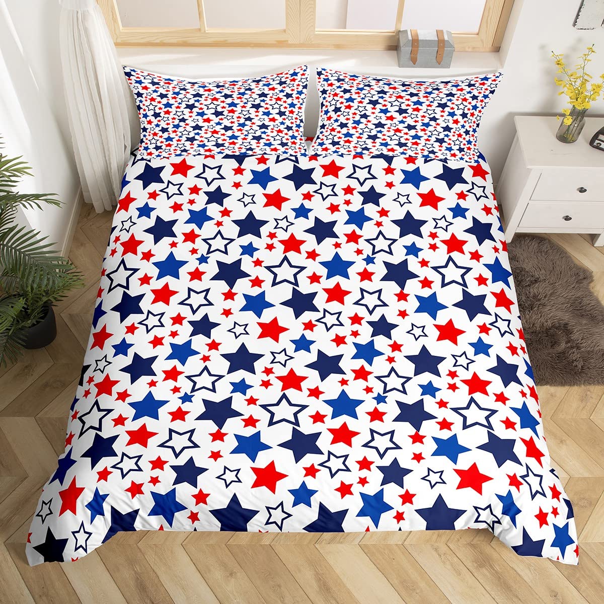 Manfei Star Kids Duvet Cover Set Double Size, Colorful Stars Print Comforter Cover with 2 Pillowcases, Red Blue White Stars Bedding Set 3pcs for Kids Boys Girls Room Decor Lightweight Bedspread Cover — image 1