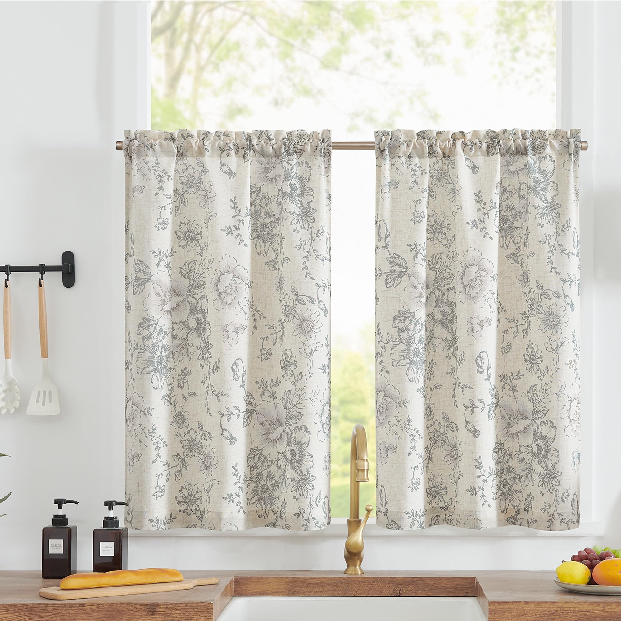 TOPICK Linen Blend Grey Floral Kitchen Curtains 24 Inch Drop Small Cafe Curtains Light Filtering Short Curtain Tiers for Bathroom Sink Rod Pocket 2 Panels — image 1