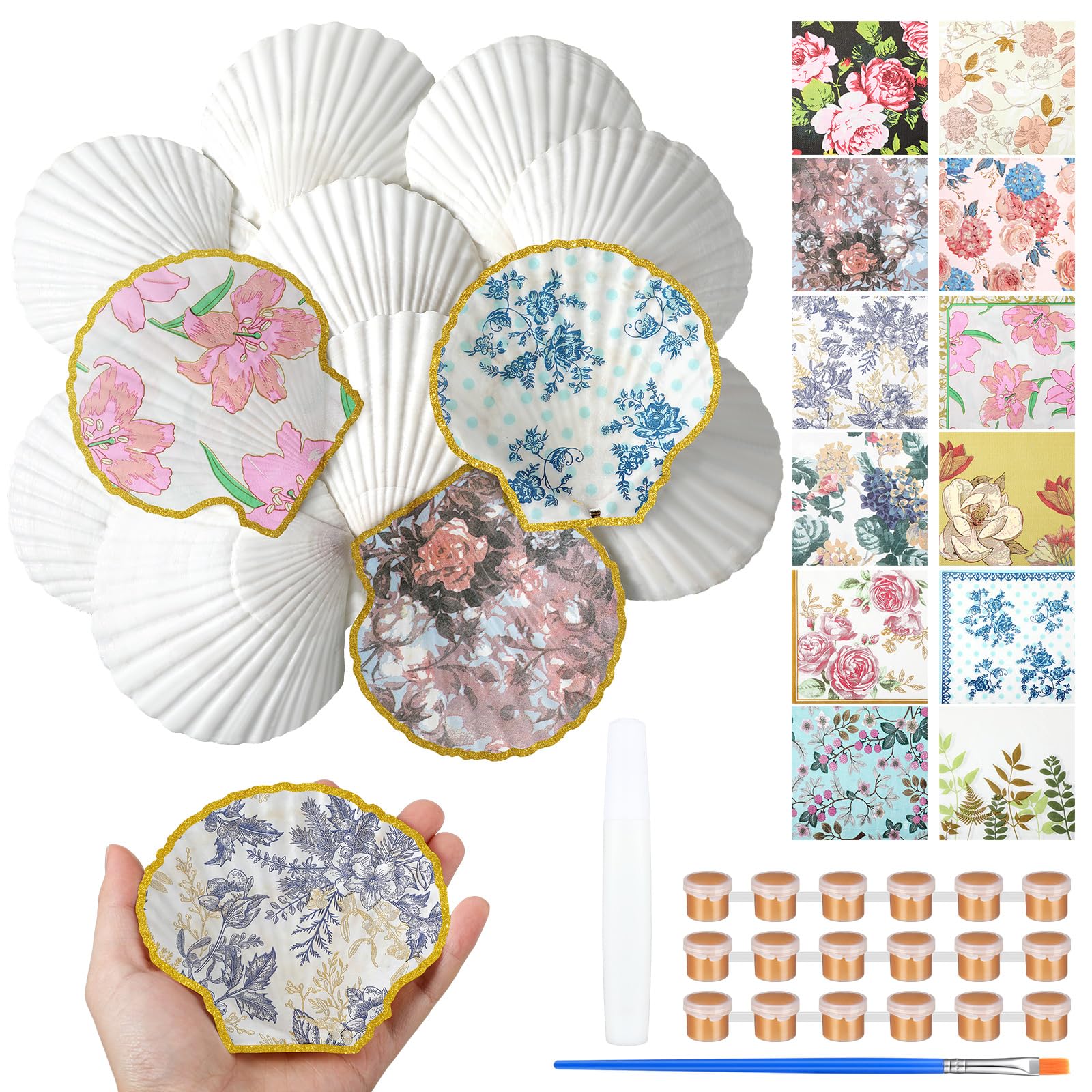 Photo 1 of Halloscume 12 Set Scallop Shells for Crafts 4''-5'' White Natural Large Shells with 24 Pcs Decoupage Paper Napkin Acrylic Paint Strips and Brushes for Home Decor Ornaments DIY Arts Crafts Seashells
