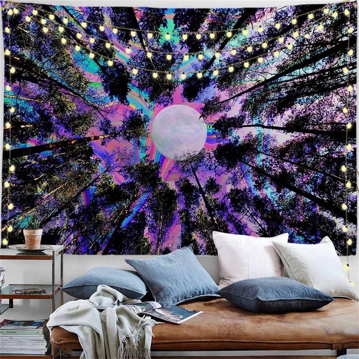 PROCIDA Trippy Tapestry Psychedelic Moon Tapestry Forest Colorful Wall  Tapestry for Dorm Bedroom Living Room College Nails Included 90