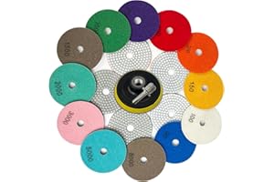 Konvixon Diamond Polishing Pads Set Wet/Dry Quartz Polishing Kit, Granite Stone Concrete Marble Tile Polish Pads for Grinder, 12Pcs 4 in 50#-8000# Grit Pads with Hook, Loop Backer and Drill Adapter
