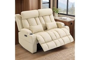PYOIER Wall Hugger RV Loveseat Recliner Sofa w/ Adjustable Headrest, Beige | Power Reclining, Cat-Proof Fabric, Lumbar Pillow, USB & Type-C Charging, Recliner for Travel Trailers & Living Room