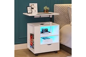 HNEBC Auto LED Nightstand with 2 USB Charging Station, Has Adjustable Rotary Table, Bedside Tables with One Drawer and 2 Mezzanines/Infrared Induction 3 Color Lighting(On The Left), White