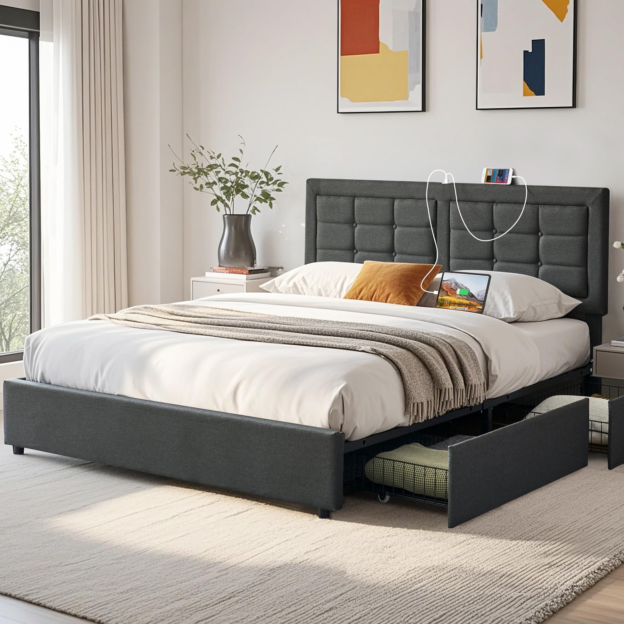 Photo 1 of VECELO Full Size Bed Frame with 4 Storage Drawers, Upholstered Platform with Type-C & USB Charging Station, Adjustable Tufted Button Headboard, Wooden Slats Support, No Box Spring Needed, Beige