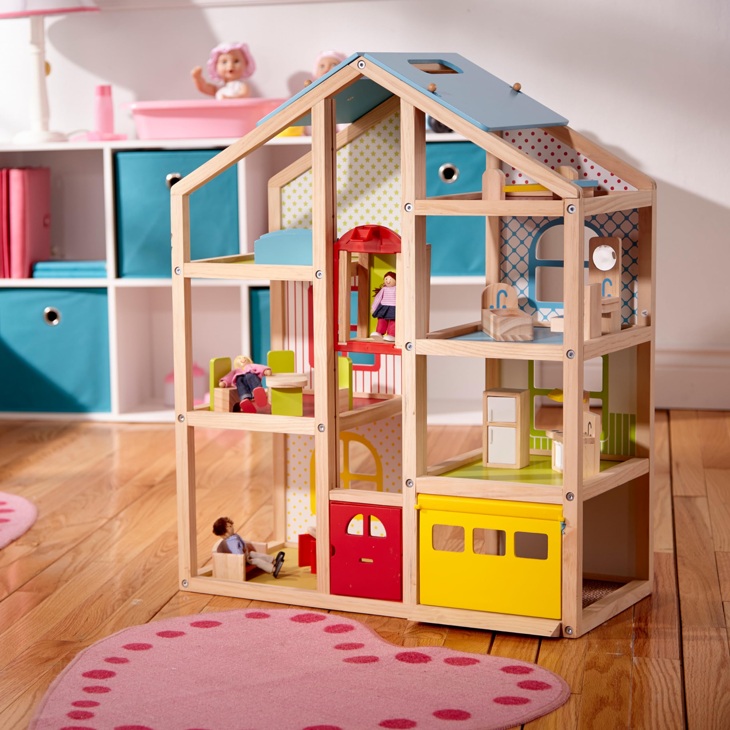 Melissa & Doug Hi-Rise Wooden Dollhouse with 15 pcs Furniture - Garage and Working Elevator
