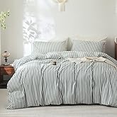 FOSSA Striped Duvet Cover Set 100% Washed Cotton Linen Feel Super Soft Breathable Cozy 3 Pieces Bedding Sets Heathered Green Classic Stripes Queen