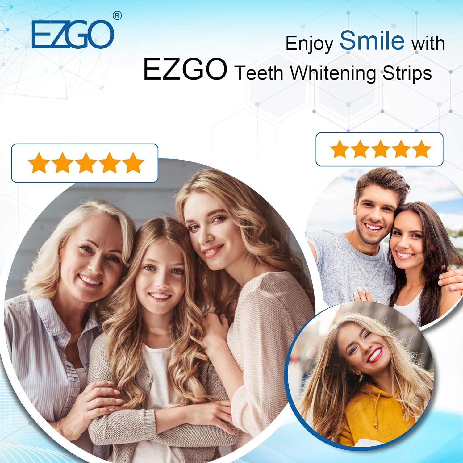 EZGO Teeth Whitening Strips, 28 Non-Sensitive White Strips Teeth Whitening Kit, 14 Sets Fast-Result Teeth Whitener for Tooth Whitening , Helps to Remove Smoking, Coffee, Wine Stains, Gentle and Safe: Health & Personal Care
