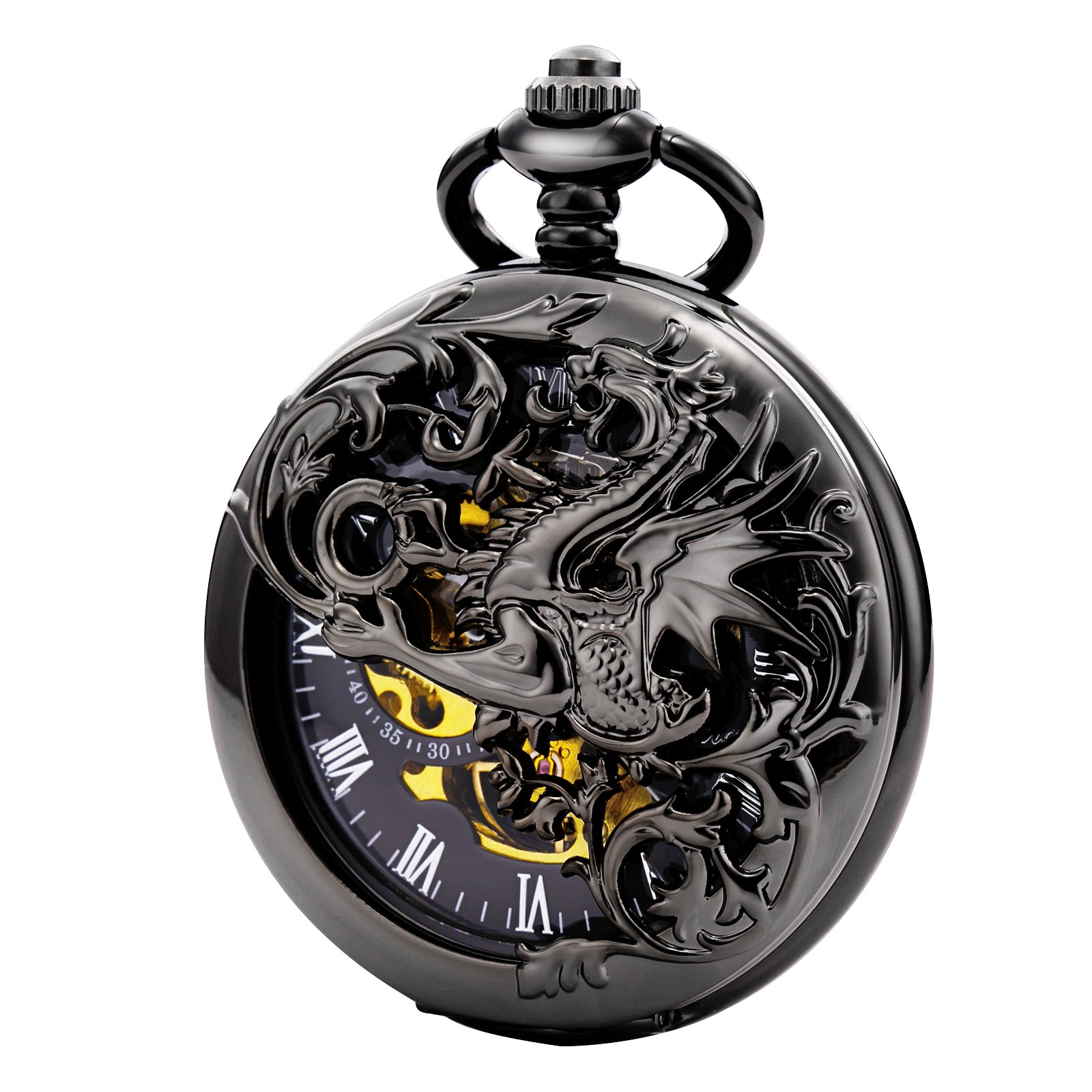 TREEWETO Antique Mechanical Pocket Watch Lucky Dragon Hollow Case Double Hunter Skeleton Dial with Chain + Gift Box