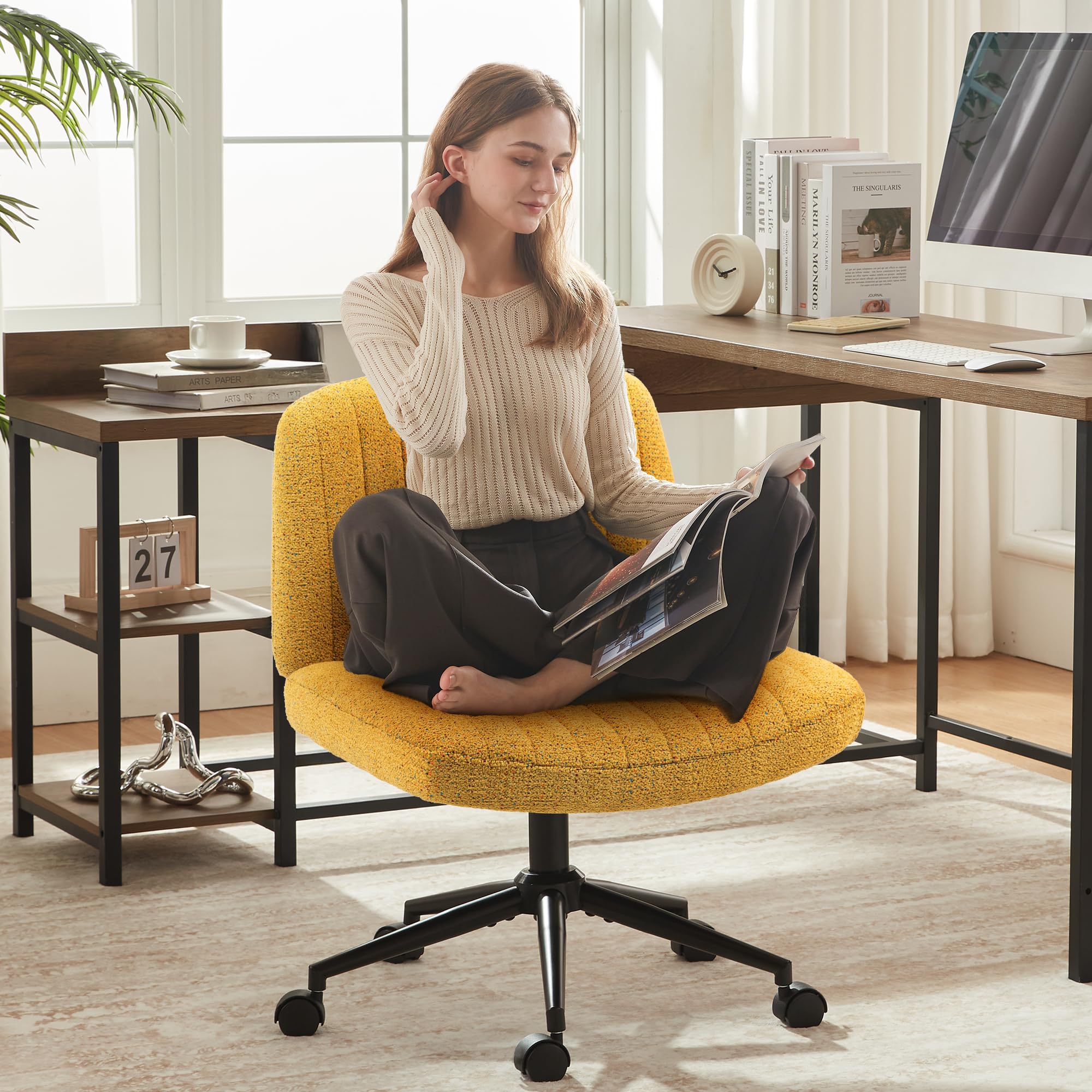 Photo 1 of Dowinx Criss Cross Chair with Wheels, Preminum Fabric and Pocket Spring Cushion, Adjustable Swivel Wide Seat Computer Chair, Morden Design Vanity Chair Yellow
