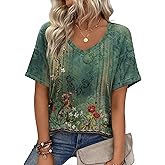 Zeagoo Womens Summer Tops Short Sleeve Casual Shirts Floral Tee Trendy 2026 Basics V Neck Plain Tshirt